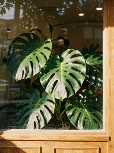 Sunlit monstera deliciosa and rare tropical plants inside a warm wooden storefront, golden-hour window light casting soft shadows, 35mm film