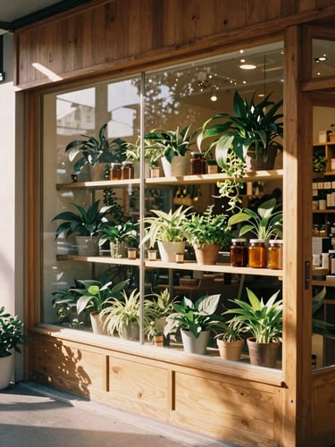 Wide environmental shot of the warm wooden interior of the Langley storefront, shelves filled with lush plants and amber jars, sunbeams streaming through glass