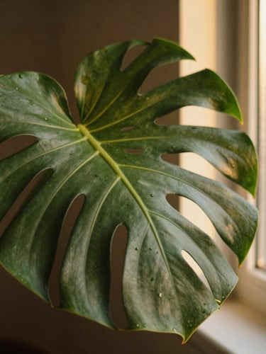 Close-up macro shot of healthy green monstera leaf textures, sunlit with warm golden-hour window light, soft focus, rich organic details
