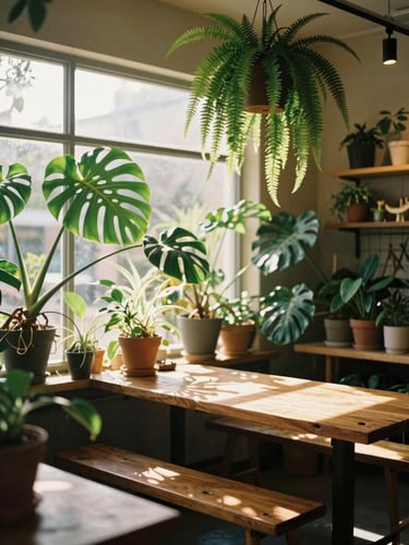 A bright, sunlit botanical boutique interior with lush monsteras, hanging ferns, and warm wooden tables under soft golden-hour window light, 35mm film.