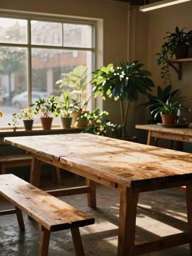 Wide environmental shot of a long wooden workshop table surrounded by green plants, sunlit Langley storefront interior.