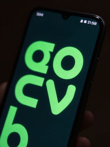 Extreme close-up of a dual-screen Android device showing a custom home screen launcher with high-contrast neon green typography, sharp screen-glow, moody dark-room lighting
