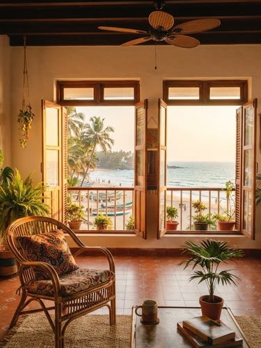 Wide environmental shot of a sun-lit Goan apartment interior, open windows showing the beach, warm golden hour sunlight, warm editorial photography, vibrant tropical colors, rich saturated tones, 35mm film aesthetic.