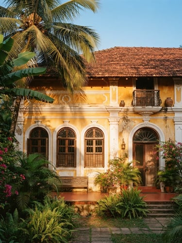 Warm 35mm film photo of a restored Indo-Portuguese villa facade in Goa, terracotta roof tiles, arched windows, golden hour sunlight filtering through palm leaves.