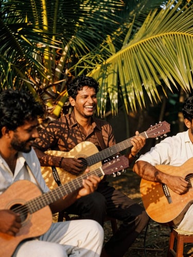 A candid medium shot of local Goan musicians playing acoustic guitars and laughing under dappled palm leaf shadows, warm golden-hour sunlight, 35mm film aesthetic.