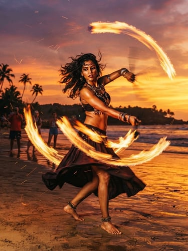 A dramatic portrait of a Goan fire dancer spinning fire poi on a sandy beach at sunset, warm golden hour sunlight, vibrant tropical colors, rich saturated tones, 35mm film aesthetic.