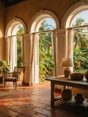 Warm editorial photograph of a sun-drenched Goan villa interior, open arched windows with palm leaves swaying outside, terracotta tiles, golden hour sunlight creating soft shadows, 35mm film aesthetic