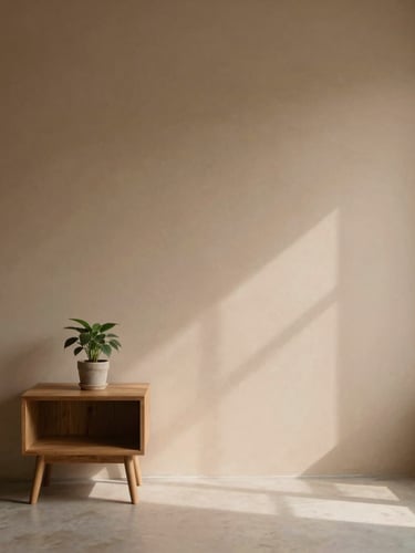 Sunlit corner of a minimalist living room, a single wooden side table with a small potted plant, soft shadows, warm earth tones, generous negative space.