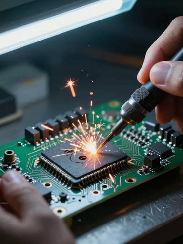Macro close-up of hands soldering a multi-layer circuit board, bright orange sparks, cool blue fluorescent overhead lighting, dramatic shadows, 35mm