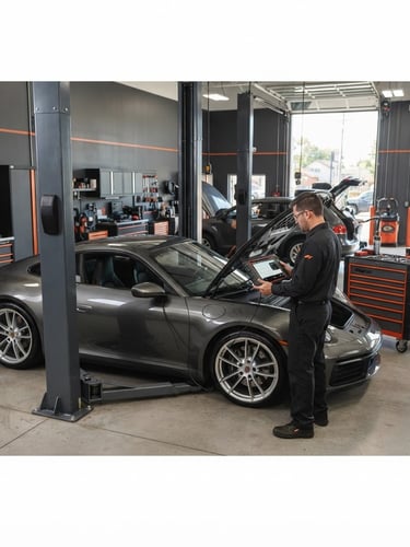 Professional automotive photography, bright clean workshop lighting, industrial charcoal and orange accents, sharp focus, 35mm lens. A wide shot of a modern car diagnostic bay with a mechanic operating a multi-brand diagnostic scanner on a vehicle, tools neatly arranged, natural daylight from bay doors.