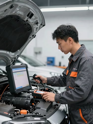Mechanic in a clean workshop bay operating a multi-brand diagnostic scanner connected to a car, bright overhead lighting, focused expression, industrial charcoal and orange accents, sharp focus, 35mm lens.