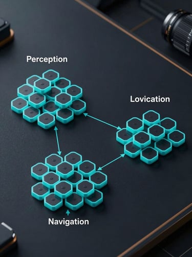 Wide overhead terminal view showing a ROS2 node graph with three labeled clusters—perception, localization, navigation—connected by typed topic arrows on a dark background, electric cyan node borders, minimal UI chrome