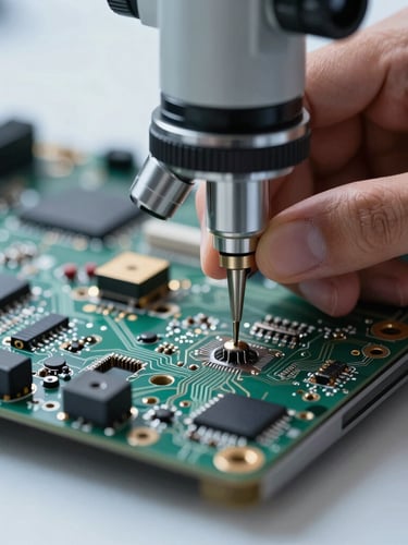 Extreme macro shot of a technician performing micro-soldering on a laptop motherboard under a microscope, crisp cool lighting, metallic textures and green circuit paths visible.