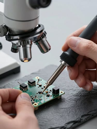 Hands holding a fine soldering iron under a microscope, working on a detailed circuit board, crisp cool studio lighting, slate gray tones.