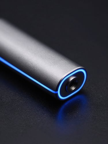 Macro close-up of a sleek metallic vape device with electric blue neon edge-lights on a dark reflective surface, studio lighting