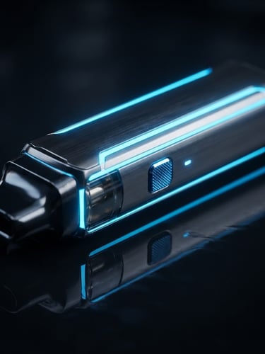 Macro close-up of a sleek metallic vape device with electric blue neon edge-lights on a dark reflective surface, studio lighting