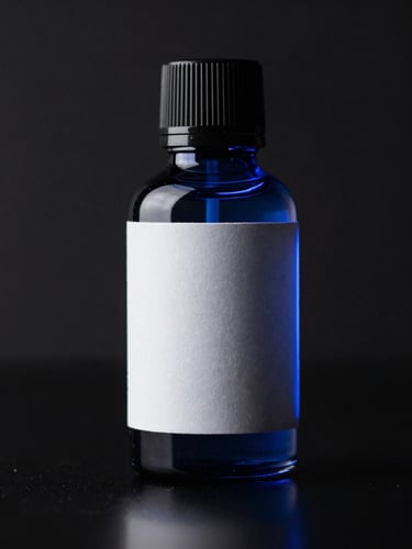Elegant dark glass e-liquid bottle with a minimalist label, highlighted by electric blue neon edge-lights, dark background