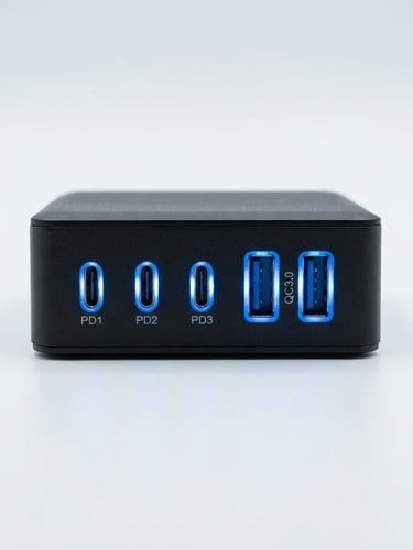 Straight-on eye-level shot of a matte black multi-port charger on a clean white surface, cool blue accent lighting highlighting the ports, crisp studio photography.