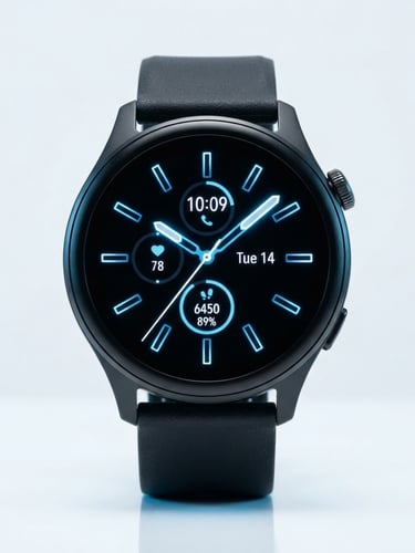 Straight-on eye-level product shot of a sleek black smart watch isolated on a clean white surface with cool blue accent lighting, crisp studio product photography, sharp details, macro lens