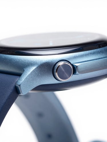 Macro close-up of a premium titanium smart watch bezel, clean white background, cool blue studio lighting, sharp details on the brushed metal texture.