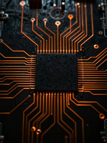 Extreme close-up of a high-tech circuit board, dark moody low-key lighting, sharp orange neon light paths running through copper traces, high contrast, macro photography