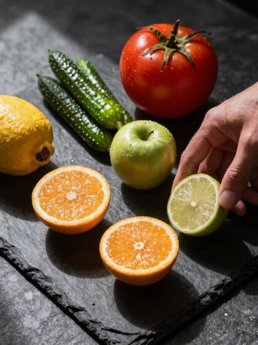 Dynamic overhead shot of fresh whole foods being prepared on a dark slate counter, dramatic side-lighting, high-contrast athletic aesthetic