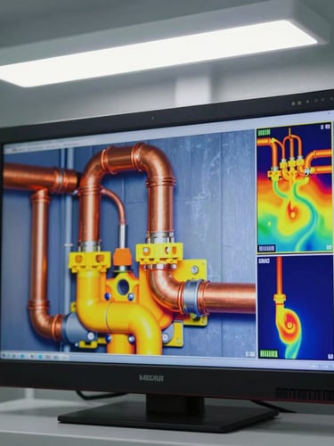 Straight-on architectural angle of high-end thermal imaging diagnostic screen displaying crisp heat maps of copper piping, clean clinical white utility light, macro details of flawless pipeline installation.