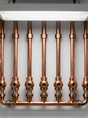 Straight-on architectural shot of immaculate copper piping layout on a clean clinical white wall, sharp white utility light, precision copper-orange fittings.