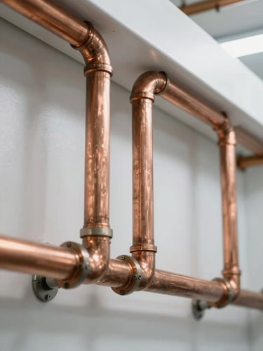 Macro detail of immaculate copper piping installations inside a high-end utility room, bright clinical white lighting, technical precision
