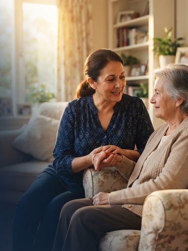 Warm, authentic photo of a caregiver gently assisting an older adult in a sun-drenched home, soft golden-hour window light, focus on interaction, serene home environment, subject to the right, with a subtle dark navy to transparent gradient overlay from left to right.