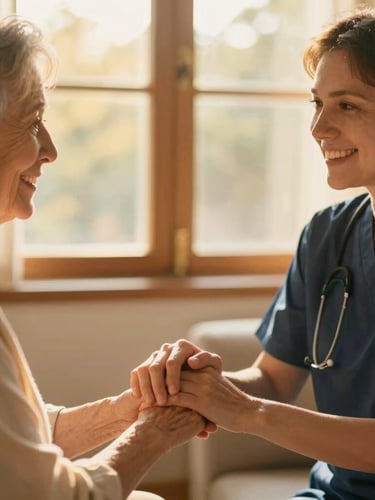 Warm, authentic photo of a caregiver with an older adult, both smiling gently, in a sun-drenched home environment, natural golden-hour window light, shallow depth of field. Focus on their interaction, hands holding.