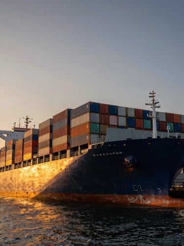 Low-angle dramatic shot of a massive container ship loaded with colorful cargo containers at a deep-water port during golden hour.