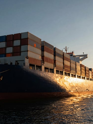 Low-angle dramatic industrial photography of a massive container ship docked at a deep-water port during golden hour, metallic cargo containers stacked high, safety orange details reflecting on the dark water.