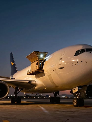 Low-angle heroic perspective of a modern cargo aircraft being loaded with freight containers at dusk, dramatic floodlights casting high-contrast shadows, metallic textures, cinematic scale.
