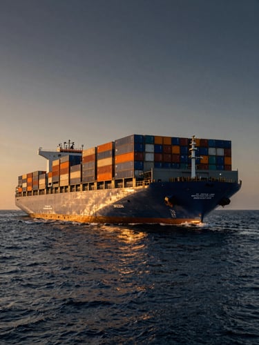 Wide-angle low-perspective shot of a massive container ship loaded with blue and orange cargo containers cutting through deep ocean water at golden hour, dramatic metallic reflections, cinematic scale.
