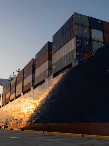 Dramatic low-angle shot of a massive container ship docked at a modern port during golden hour, metallic textures of containers highlighted by warm light.
