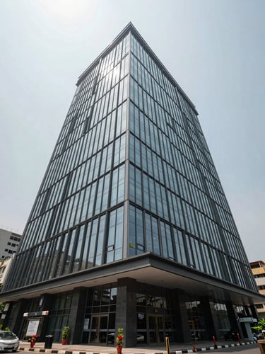 Wide-angle exterior view looking up at a modern multi-storey commercial office building in Vijayawada, glass curtain wall facade catching overcast north-facing daylight, ground-floor entrance visible at lower frame, urban street context on the left edge, generous sky above