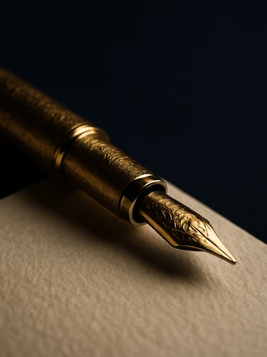 Macro close-up of a handcrafted gold fountain pen resting on heavy, textured cream paper, low-key dramatic lighting, deep navy background, elegant editorial style