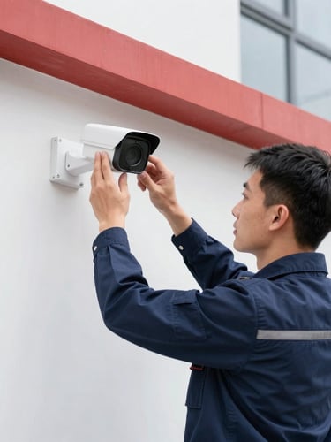 Professional technician in a clean uniform adjusting a discreet outdoor surveillance camera mounted on a modern building facade during daylight. Sharp, eye-level shot, professional security tech aesthetic, 50mm.