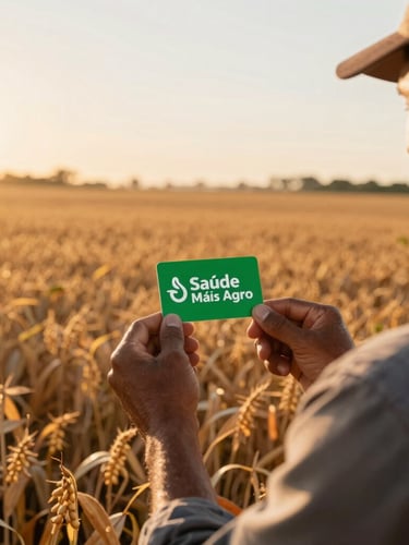 Wide environmental shot of a Brazilian soybean field at sunrise, with a farmer in the foreground holding a green Saúde Mais Agro card, warm natural lighting, high contrast.