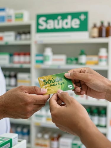 Close-up of hands handing over a green and gold Saúde Mais Agro card to a local pharmacist in a bright rural pharmacy, natural lighting.
