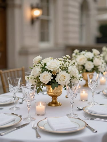 Elegant medium shot of a luxury table setting in a historic London venue, crystal glasses reflecting warm candlelight, fine china, exquisite white and gold floral centerpieces, soft focus.