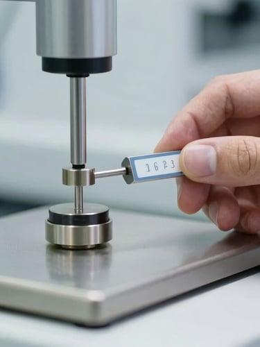 Close-up of a metrologist's hand adjusting a high-precision analytical balance with a calibration weight, clinical laboratory environment, sharp focus