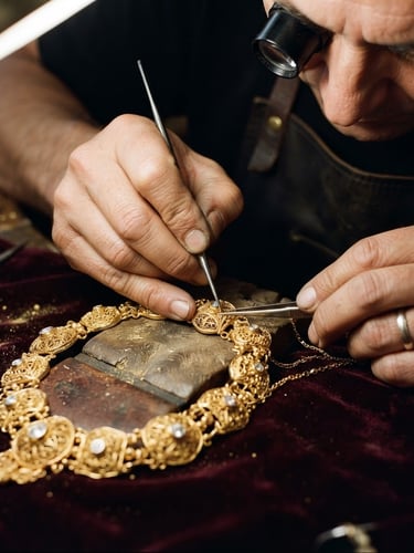 Extreme macro close-up of a master goldsmith's hands meticulously detailing a 22-karat gold necklace, warm directional studio lighting highlighting the gold luster, dark burgundy velvet background, luxury product photography, 35mm