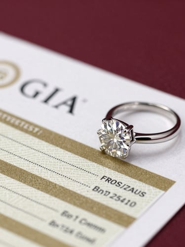 Macro close-up of a GIA grading certificate resting next to a sparkling diamond ring on a deep burgundy surface, soft directional lighting, luxury product photography
