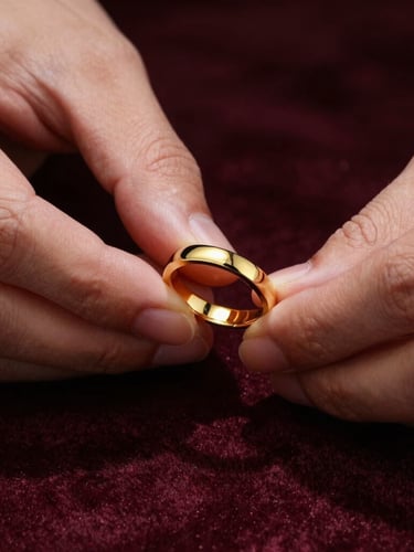 Macro close-up of a master jeweller's hands gently holding a highly polished 91.6 gold heirloom ring, soft directional studio light casting dramatic shadows on dark velvet.