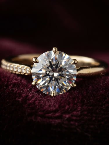Macro close-up of a flawless round-cut diamond sparkling under directional studio light, set in a gold ring, resting on a dark burgundy velvet surface, premium luxury photography, 35mm