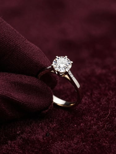 Extreme close-up macro shot of a certified diamond ring held gently by gloved hands under soft directional studio lighting, dark velvet background