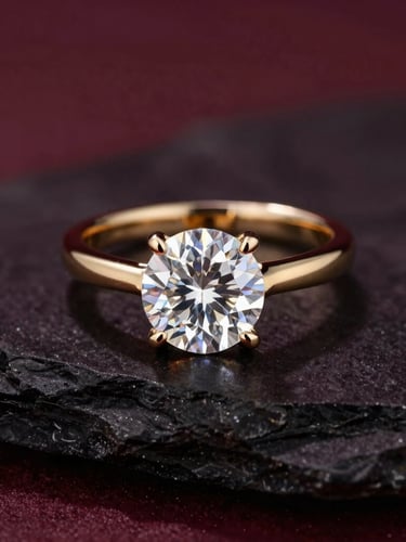 Macro studio photography of a certified flawless diamond ring resting on dark raw stone, dramatic directional lighting catching the diamond facets and gold band, deep burgundy shadows, 35mm