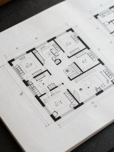 Full-page architectural floor plan reproduction, even studio lighting, sharp ink lines and room labels visible, printed on white drawing paper, tight crop showing plan geometry and section marks at upper right